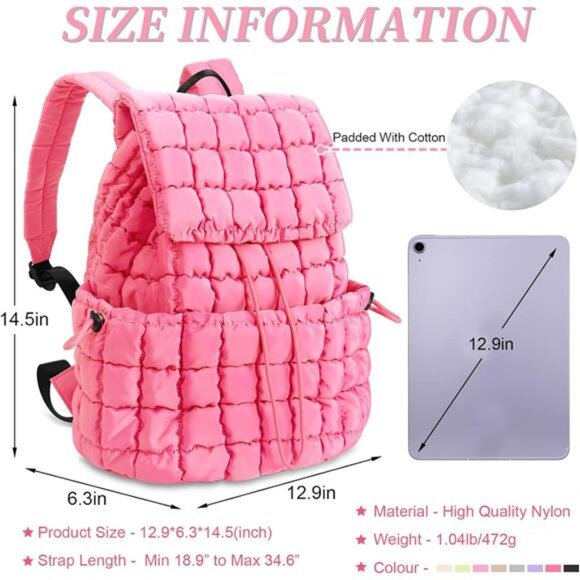 Quilted Puffer Backpack for Women, Pink - Picture 2 of 5